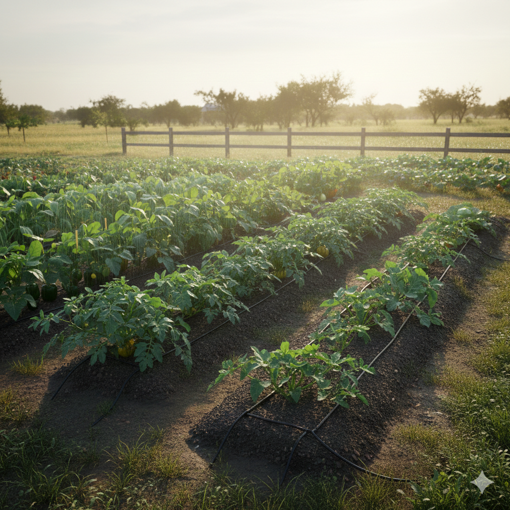 A vibrant vegetable garden with rows of plants.