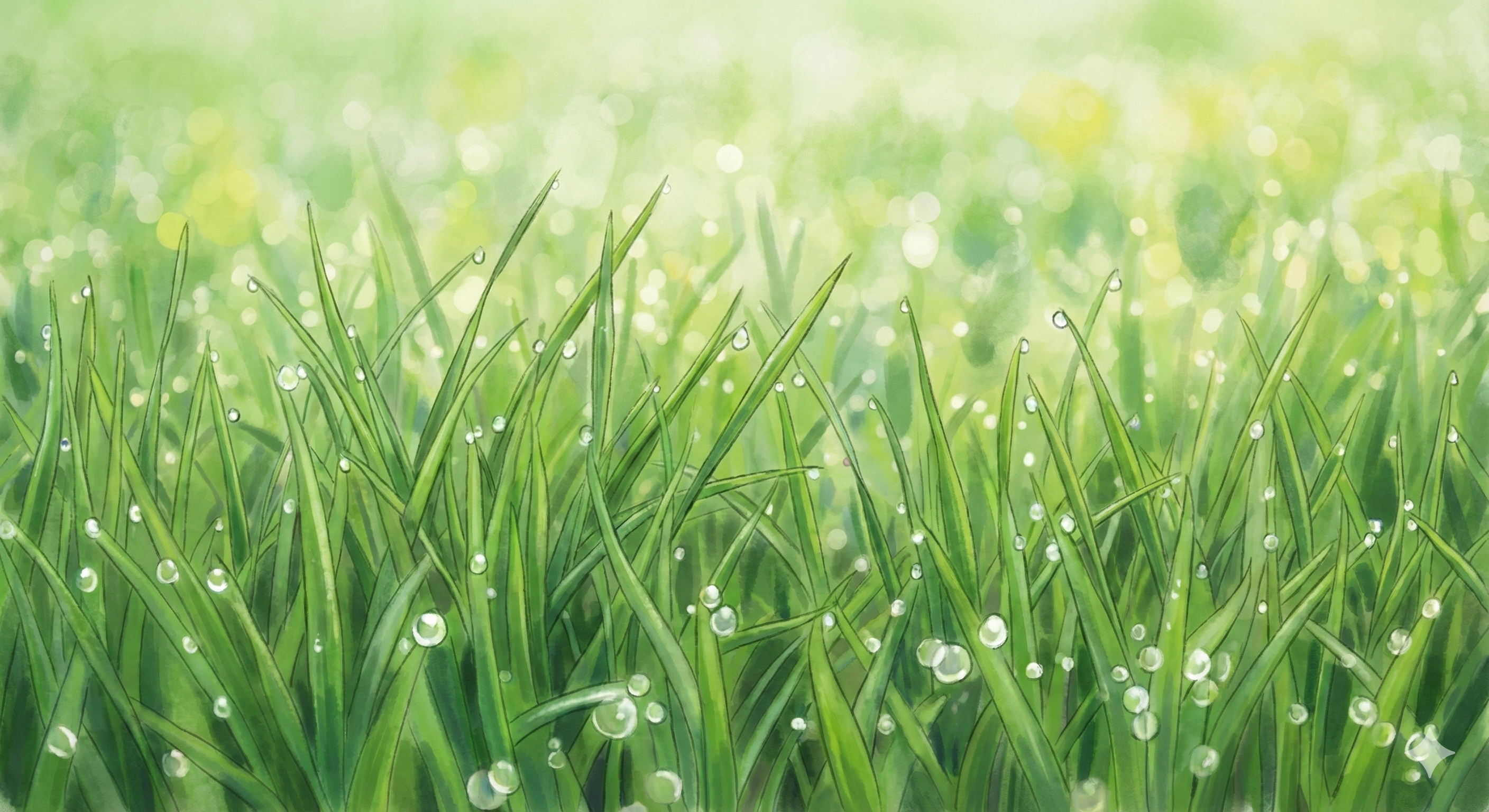A lush green lawn being watered by a sprinkler system at sunrise.